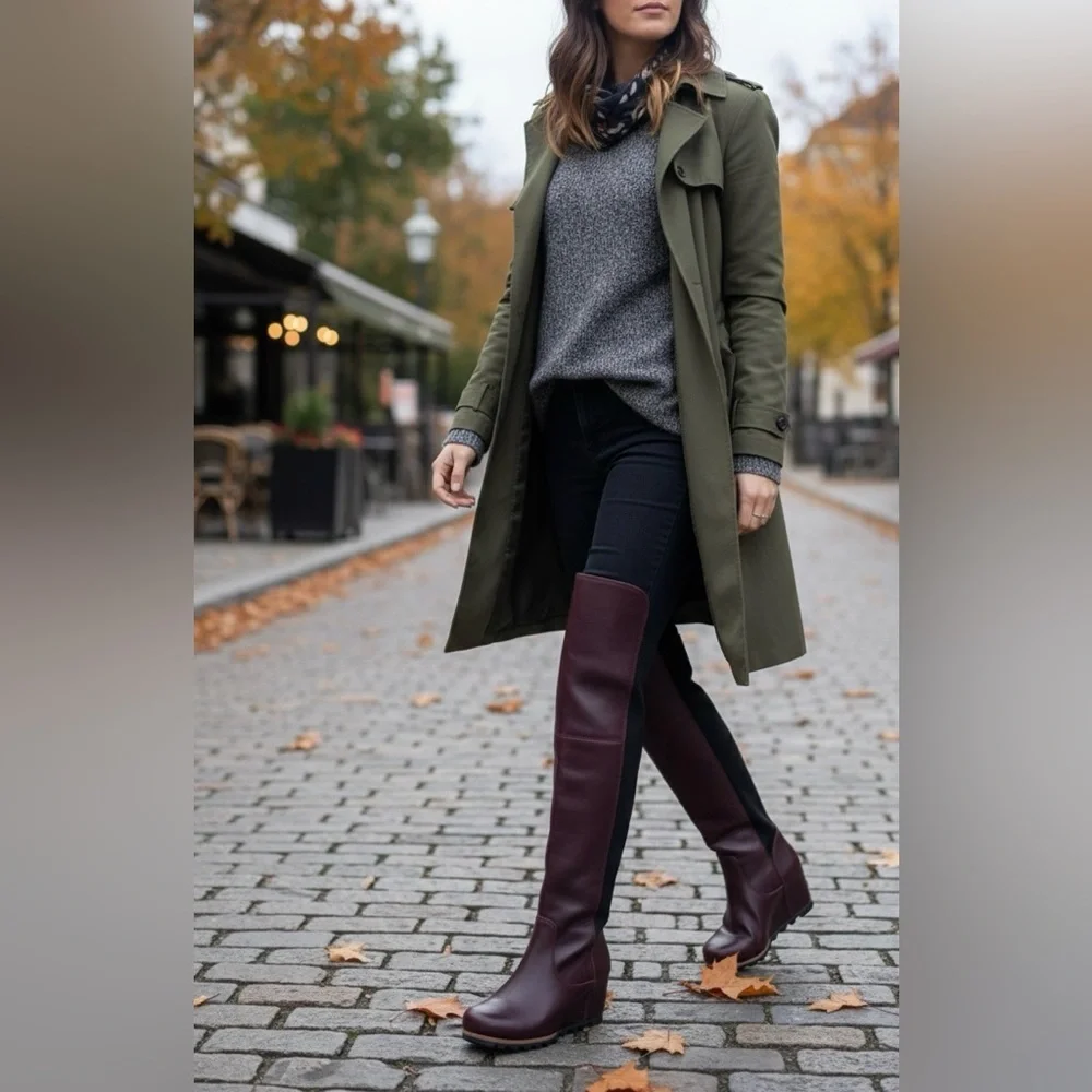 Sorel Fiona OTK Wedge Boots in Dark Burgundy Leather | Size 8.5